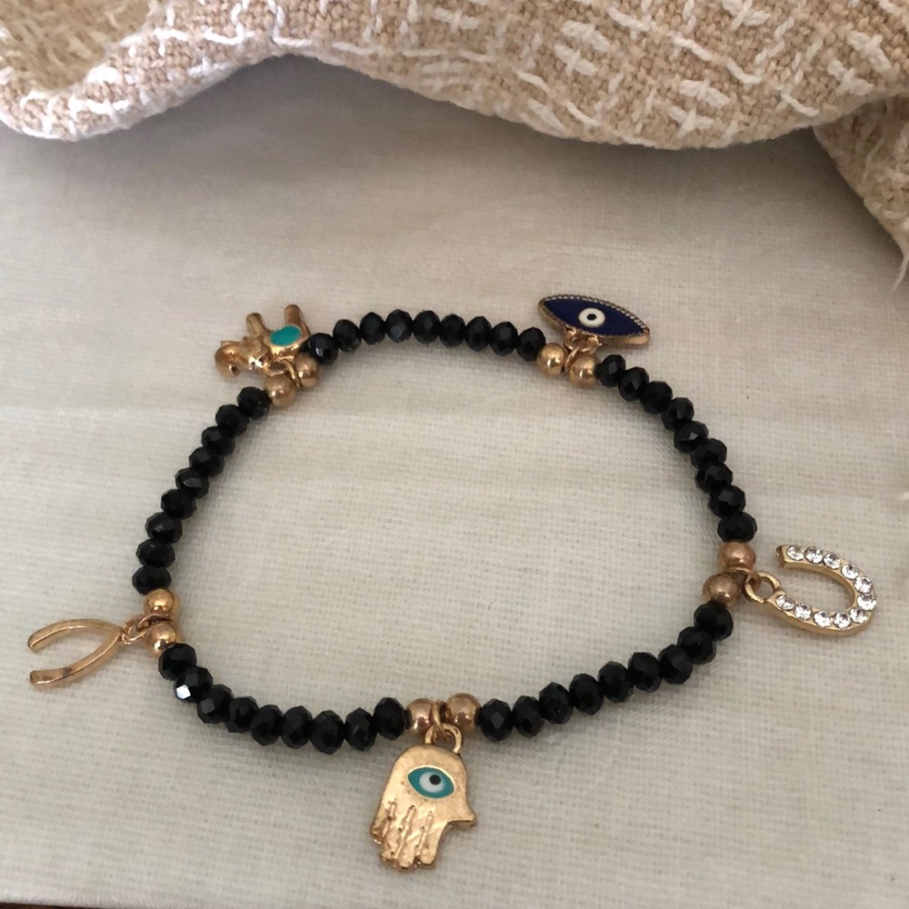 Faceted black Swarovski crystal Good Luck Charm Bracelet Hamsa Evil Eye